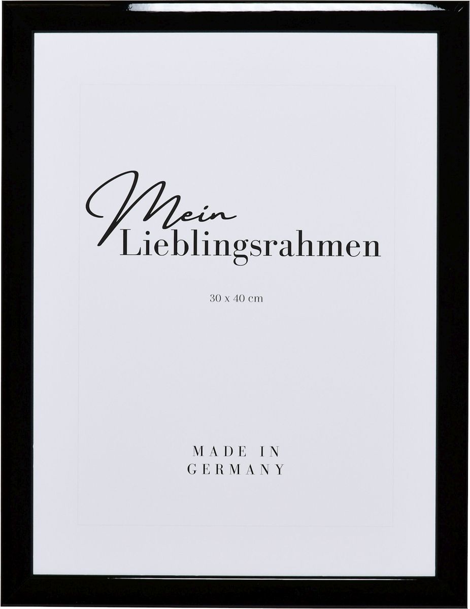 Frontansicht eines schwarzen Holzrahmens mit leicht abgerundeten Kanten und Hochglanzlackierung 